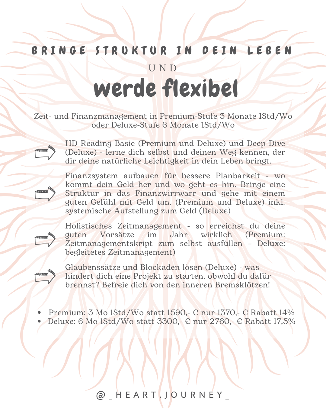 Zeit- und Finanzmanagement in Premium-Stufe 3 Monate 1Std/Wo oder Deluxe-Stufe 6 Monate 1Std/Wo HD Reading Basic (Premium und Deluxe) und Deep Dive (Deluxe) - lerne dich selbst und deinen Weg kennen, der dir deine natürliche Leichtigkeit in dein Leben bringt. Finanzsystem aufbauen für bessere Planbarkeit - wo kommt dein Geld her und wo geht es hin. Bringe eine Struktur in das Finanzwirrwarr und gehe mit einem guten Gefühl mit Geld um. (Premium und Deluxe) inkl. systemische Aufstellung zum Geld (Deluxe) Holistisches Zeitmanagement - so erreichst du deine guten Vorsätze im Jahr wirklich (Premium: Zeitmanagementskript zum selbst ausfüllen – Deluxe: begleitetes Zeitmanagement) Glaubenssätze und Blockaden lösen (Deluxe) - was hindert dich eine Projekt zu starten, obwohl du dafür brennst? Befreie dich von den inneren Bremsklötzen!